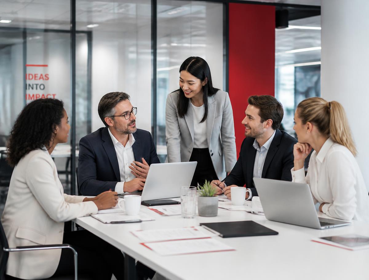 Equipe comercial em reunião de alinhamento em escritório corporativo moderno